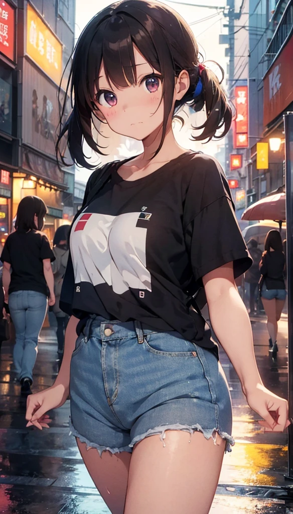 Beautiful girl walking down the street on a rainy night in a crowded big city、Brown Hair、Denim shorts、T-Shirts、Sad face、Warm lighting Starry Sky Japanese anime style I can see the neon lights of the city An angle that captures the whole body