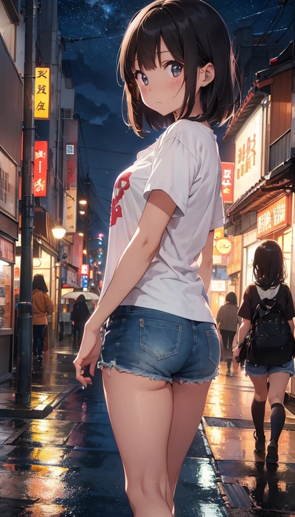 Beautiful girl walking down the street on a rainy night in a crowded big city、Brown Hair、Denim shorts、T-Shirts、Sad face、Warm lighting　 Starry Sky　Japanese anime style　I can see the neon lights of the city　An angle that captures the whole body