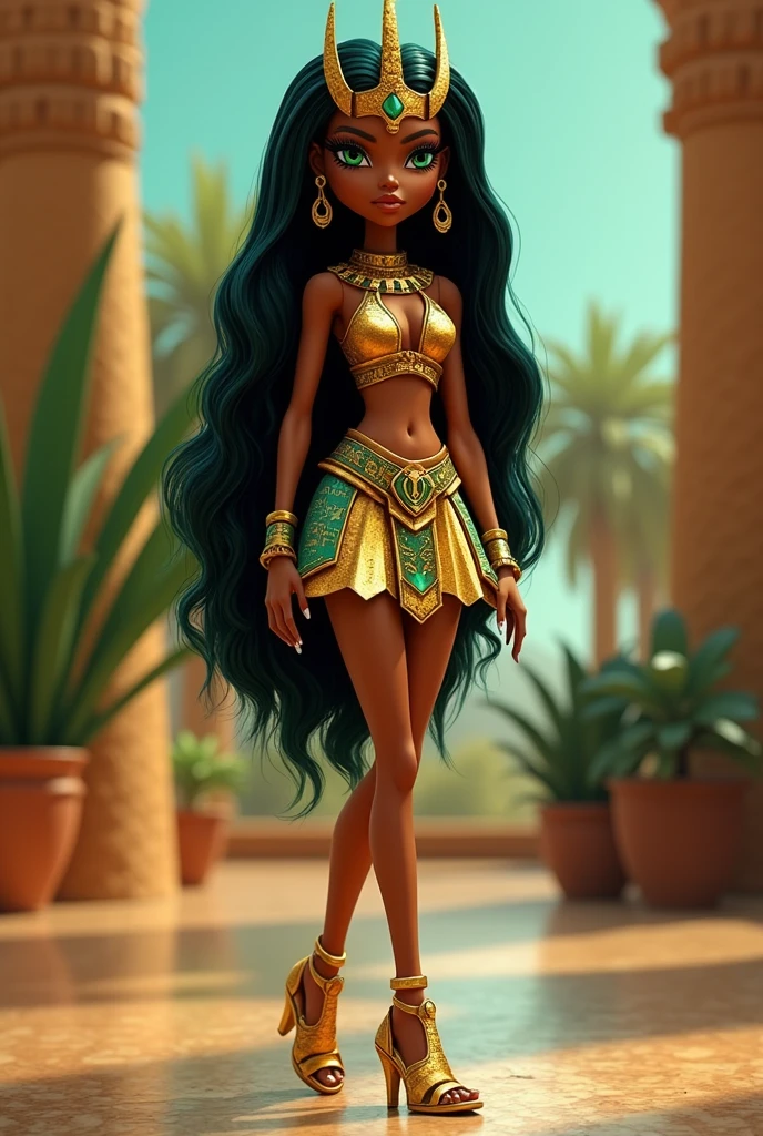 Modelo de boneca monster high, Cleo Di Nile, Egyptian, black hair and green water, caramel brown skin, with clothes inspired by the God Anubis, bringing elements of death, ahnk, golden clothes, green water, Modern 2000s style clothing with strong Egyptian inspirations, full body image, golden shoe with egyptian designs, Basic clothes, Fashionistas, with bag, piece of clothing skirt and top, sapato sandália, estilo monster high, Cleo Di nile, Frankie e dráculaura