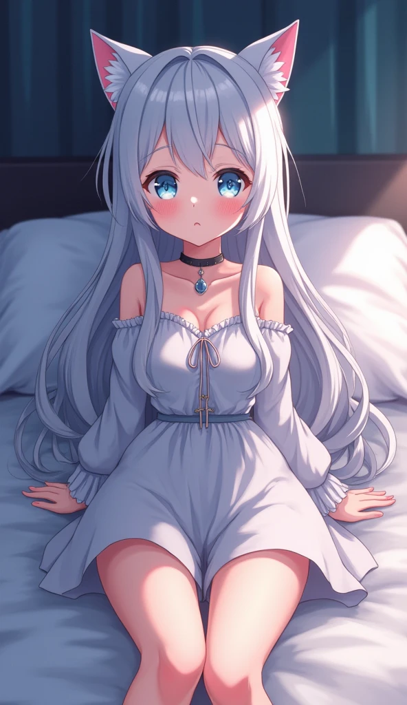 one girl, anime style, cat ears, off shoulder, medium breasts, shy, blush, navel, choker, obedient, white long hair, light blue eyes, long sleeve, lying on bed, night, legs, , thighs, spread legs