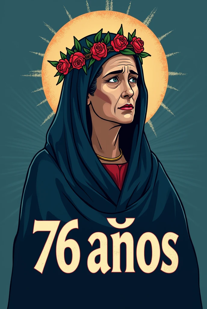 Create a logo for Santa Rosa, Drawing of a woman with an angelic face and tired eyes wearing a dark blue saint's robe and a crown of thorns and roses on her head on a blue background with the phrase "76 years old" in Spanish in giant size in front of the drawing of the woman.