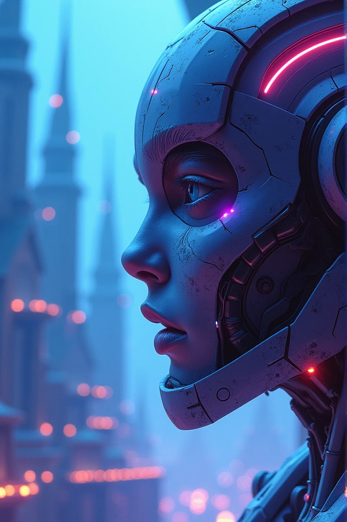 (future technology), (Mecha face close-up), blue to purple gradient background, Fantasy space city background, Fantastic light and shadow effects