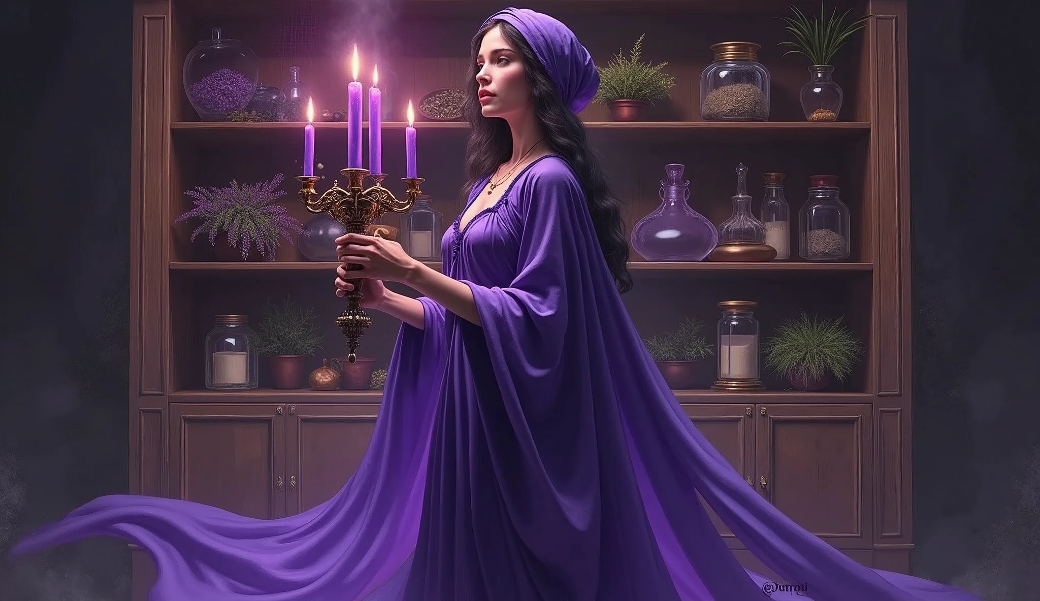 woman in violet priestess cape holding candlestick of violet candles, convey depth, in the background a cupboard with various aromatic herbs,