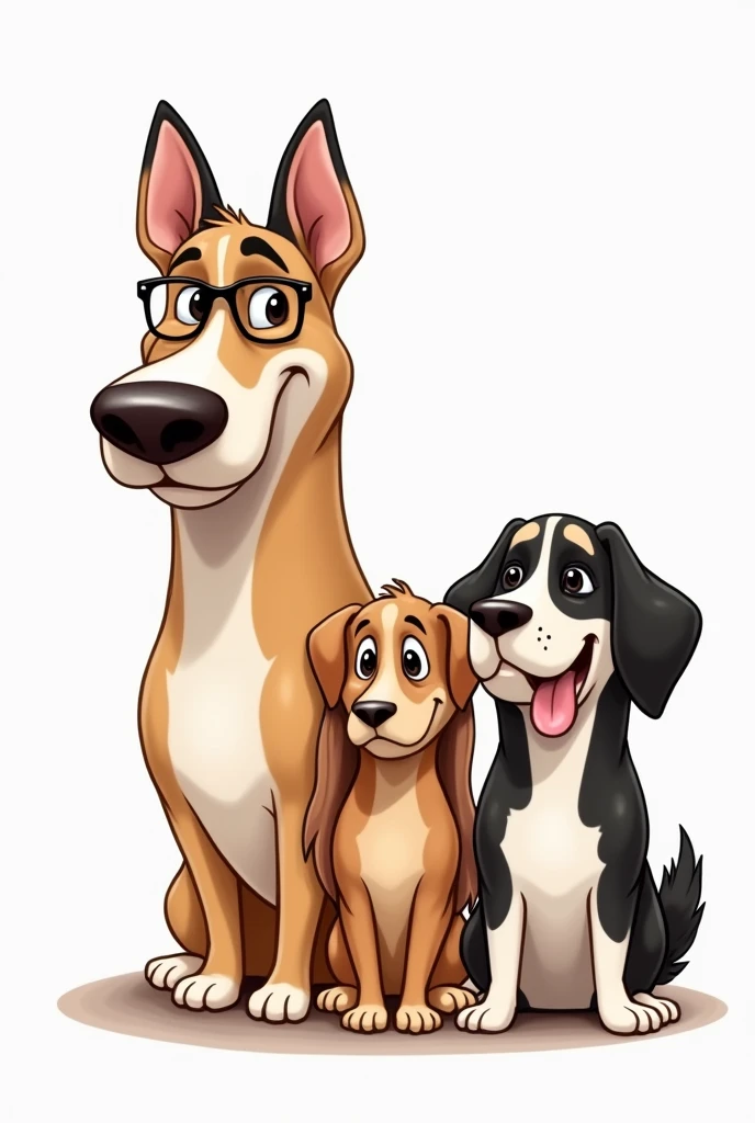 Draw three dogs as caricatures based on the following characteristics, The first is Samuel, He is fat, big and has very short hair, wear square glasses. The second is Magda, She has long hair with a light brown fringe, is medium sized and the last one is Maria, He has short black hair, He also has freckles. Maria is taller than Magda but shorter than Samuel.