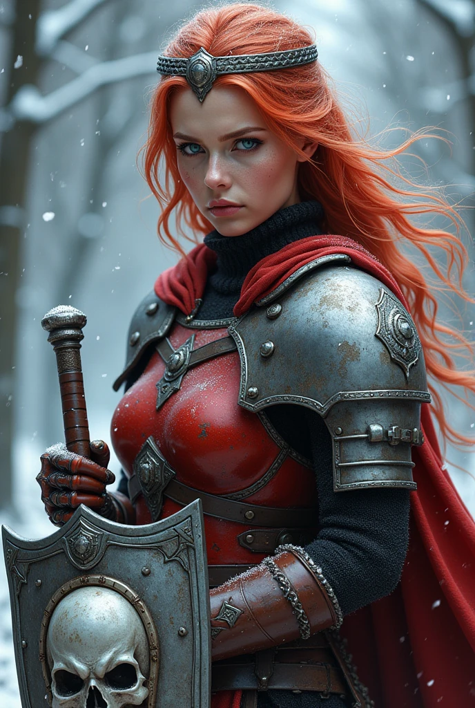 ((portrait, upper torso, armored female paladin, battle worn gloss red lacquered perfectchainmail armor:1.4, alabaster cloak, (((((big breasts))), [bright red hair:blonde hair:0.8]))), clear green eyes, blackout eyeshadow, iron circlet), braids, glowing radiant white skull engraved sword, shield, sparks, windy, outdoor frozen snow snowy forest, dynamic battle pose
