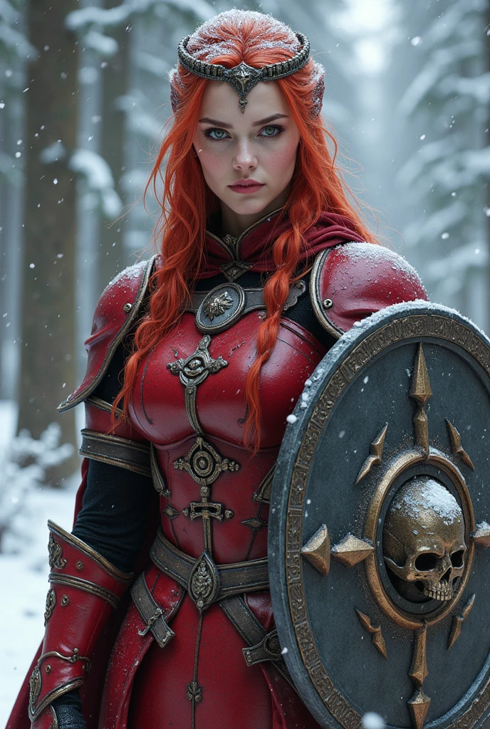 ((portrait, upper torso, armored female paladin, battle worn gloss red lacquered perfectchainmail armor:1.4, alabaster cloak, (((((big breasts))), [bright red hair:blonde hair:0.8]))), clear green eyes, blackout eyeshadow, iron circlet), braids, glowing radiant white skull engraved sword, shield, sparks, windy, outdoor frozen snow snowy forest, dynamic battle pose
