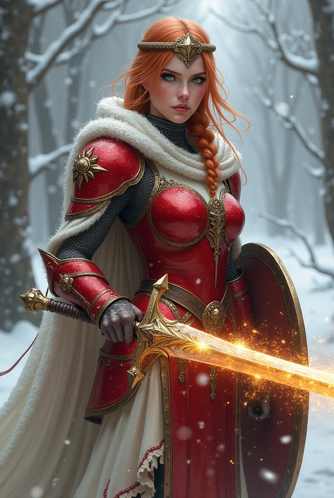 ((portrait, upper torso, armored female paladin, battle worn gloss red lacquered perfectchainmail armor:1.4, alabaster cloak, (((((big breasts))), [bright red hair:blonde hair:0.8]))), clear green eyes, blackout eyeshadow, iron circlet), braids, glowing radiant white skull engraved sword, shield, sparks, windy, outdoor frozen snow snowy forest, dynamic battle pose

