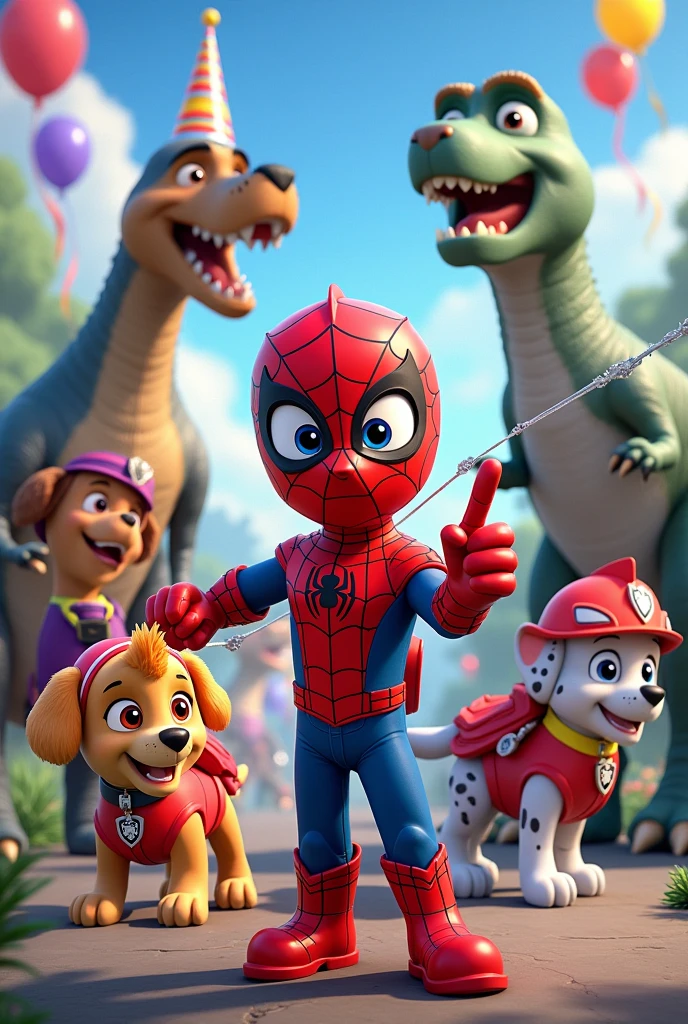 Spider-Man themed birthday panel with the Paw Patrol dressed as Spider-Man and dinosaurs in the background