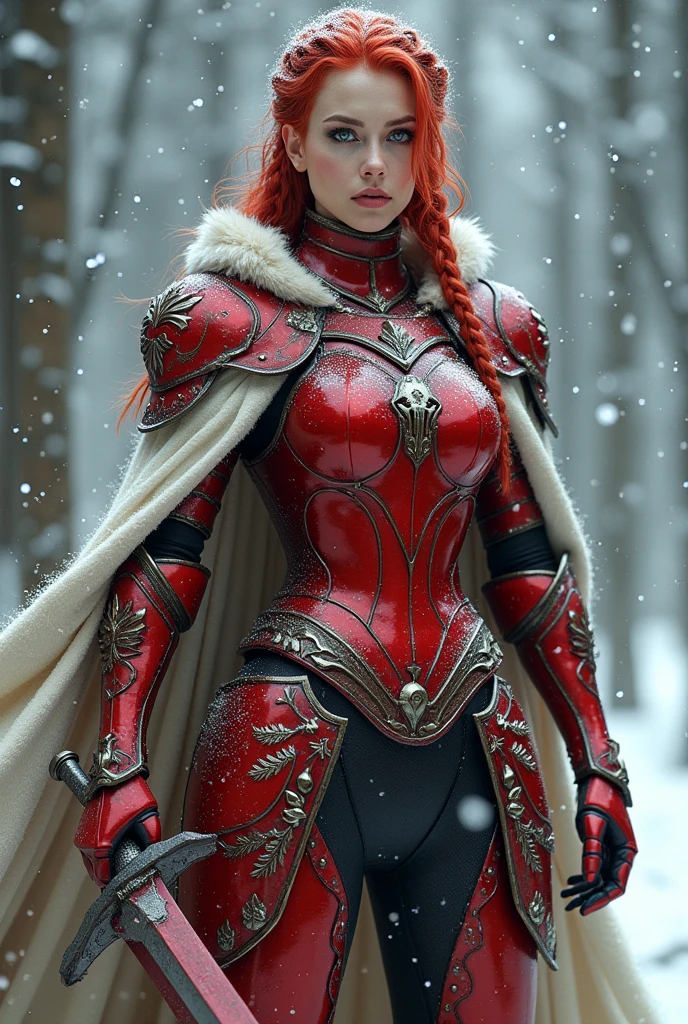((portrait, upper torso, armored female paladin, battle worn gloss red lacquered perfectchainmail armor:1.4, alabaster cloak, (((((big breasts))), [bright red hair:blonde hair:0.8]))), clear green eyes, blackout eyeshadow, iron circlet), braids, glowing radiant white skull engraved sword, shield, sparks, windy, outdoor frozen snow snowy forest, dynamic battle pose
