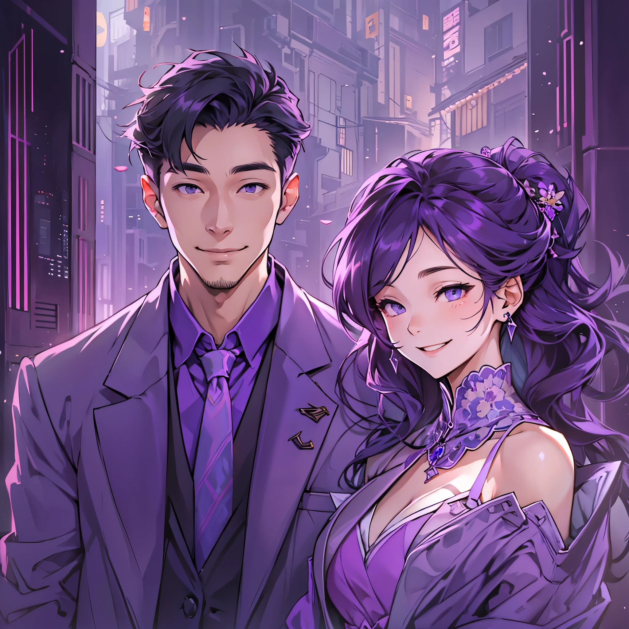 Inspired by the MBTI architect、A man and a woman in purple clothing, smiling gently.。Create a mysterious atmosphere。