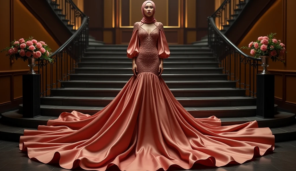 An malay woman in glamorous mermaid evening gown, long ballon sleeve gown, long satin scarf wrapped around her arms, wear jewellery, wear modern satin hijab, entirety of fabric over botom dress about 7 meters in length trailing dramatically, glamours style, overlong dress train, extreme detail on the texture of the fabric, wear high heels, sexy random pose in down stair, beautifull lighting, ultra realistic, high-resolution photography.