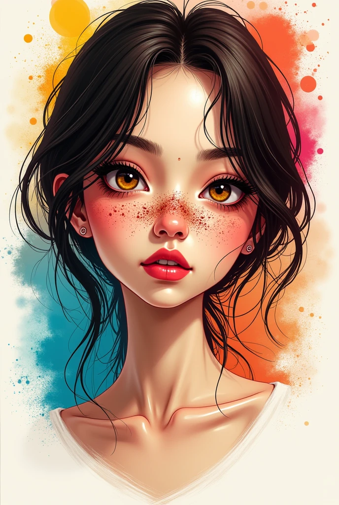 Create T-shirt template, White skin girl, slim, Brown hair, pronounced cheekbones, splattered nose, eyes the color of honey, thick lips