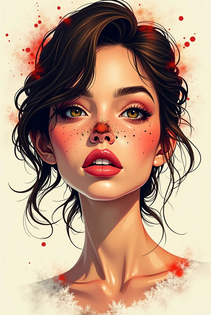 Create T-shirt template, White skin girl, slim, Brown hair, pronounced cheekbones, splattered nose, eyes the color of honey, thick lips