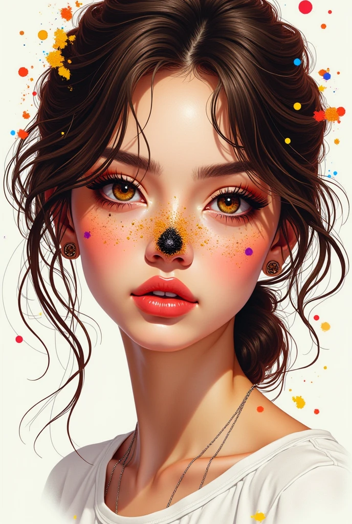 Create T-shirt template, White skin girl, slim, Brown hair, pronounced cheekbones, splattered nose, eyes the color of honey, thick lips