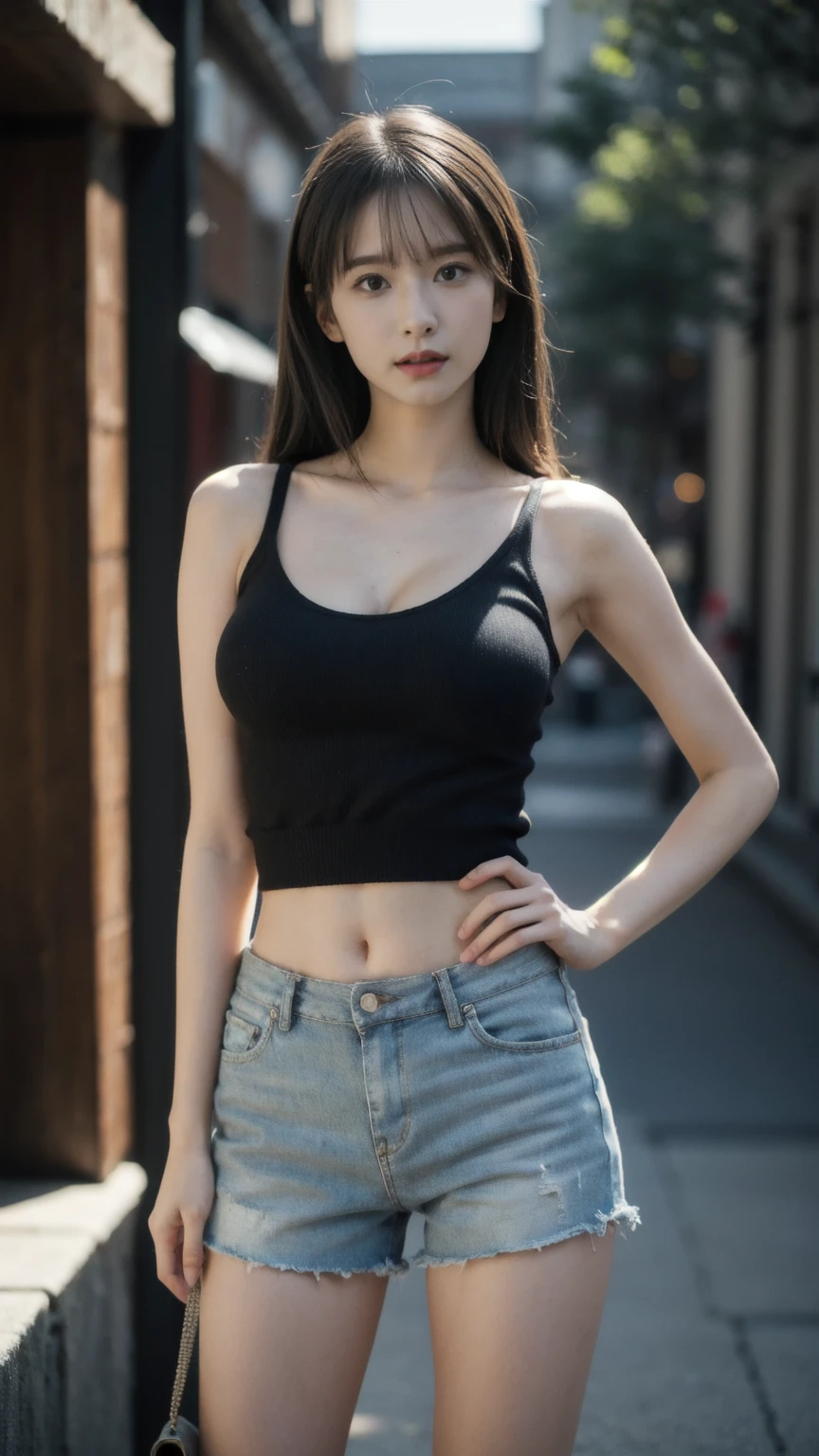((1girl)), woman, masterpiece, best quality, highest quality, cinematic lighting, (volumetric lighting), extremely detailed CG unity 8k wallpaper, focused, 8k wallpaper, extremely detailed, ultra realistic, photorealistic, sharp focus, absurdres, (HDR:1.2), (high contrast), photograph, detailed and intricate, instagram, portrait, highly detailed, digital painting, artstation, concept art, smooth, sharp focus, illustration, cinematic lighting, (big breast:1.3), (((skinny, slim legs))), (japanese idol posture), (knit strap tanktop, short pants, open shoulder, open chest, cleavage), looking at the viewer, (I don't see arms)), ((Standing)), ((Medium body shot, hip level shot)), long hair, beautiful eyes.