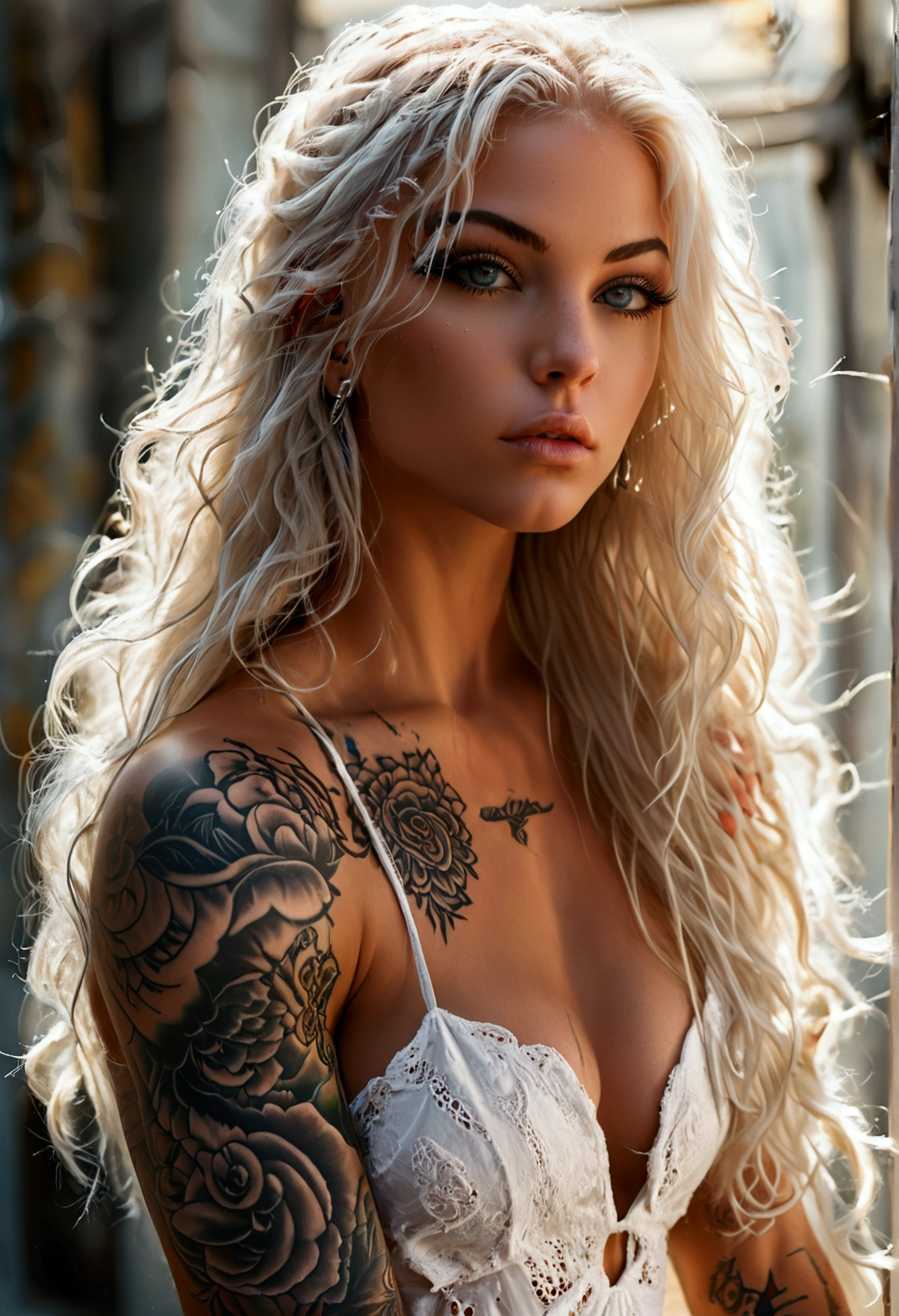 Create a hyper detailed photograph of a tattooed muscular young sexy girl, Stunningly perfect gorgeous face, perfect makeup, detailed vibrant eyes, long platinum blonde flowing hair, big beautiful muscular legs, big beautiful muscular arms, big bac muscles, muscular abs, detailed smooth skin, big breast, big muscular ass, white sun dress, facing viewer, sun in background,