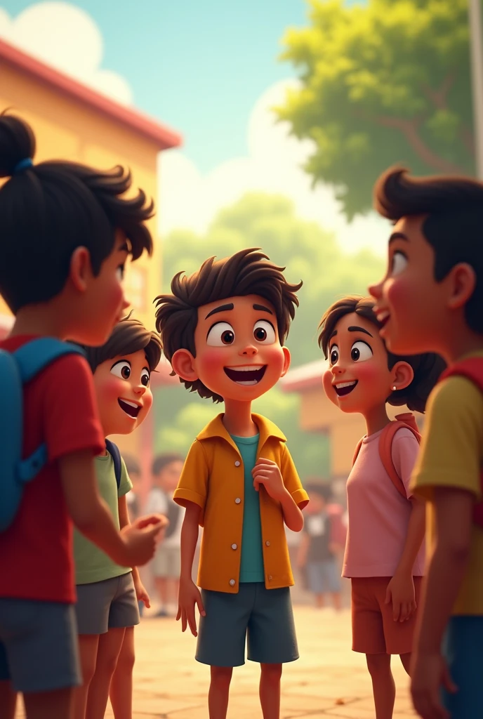 Tomás is surrounded by his new friends in the school yard after the presentation, everyone laughing and talking.