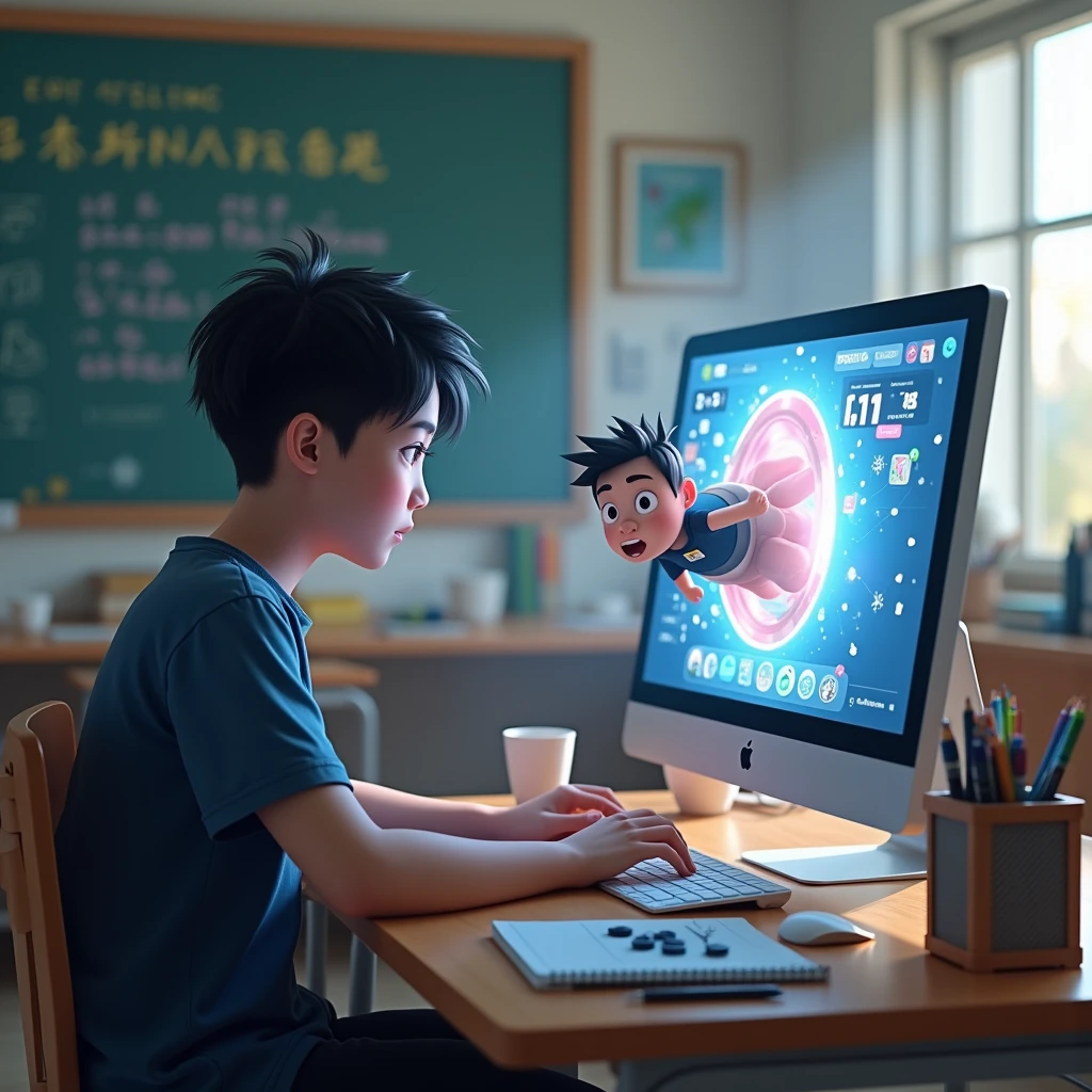 3d animator artist, academy, front of computer, character go throught screen, 3d project, asian, class room background