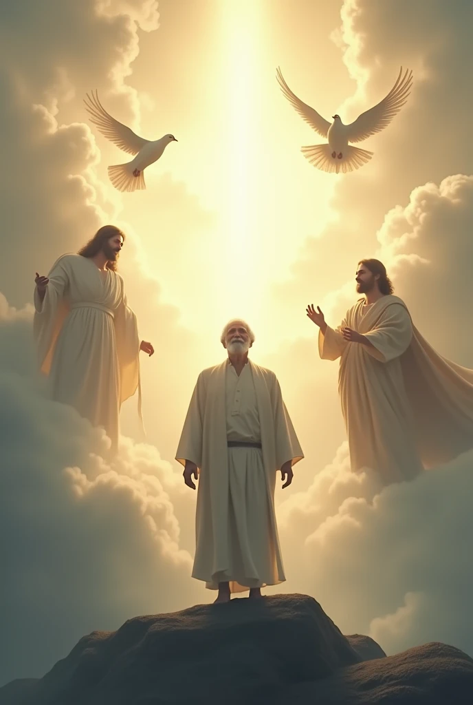 Image with the silhouette of an older man ascending to heaven and doves, put the name of Reinel, who has only one name and is large. Redesign again, put God at his side, who has only one dove, and Jesus.