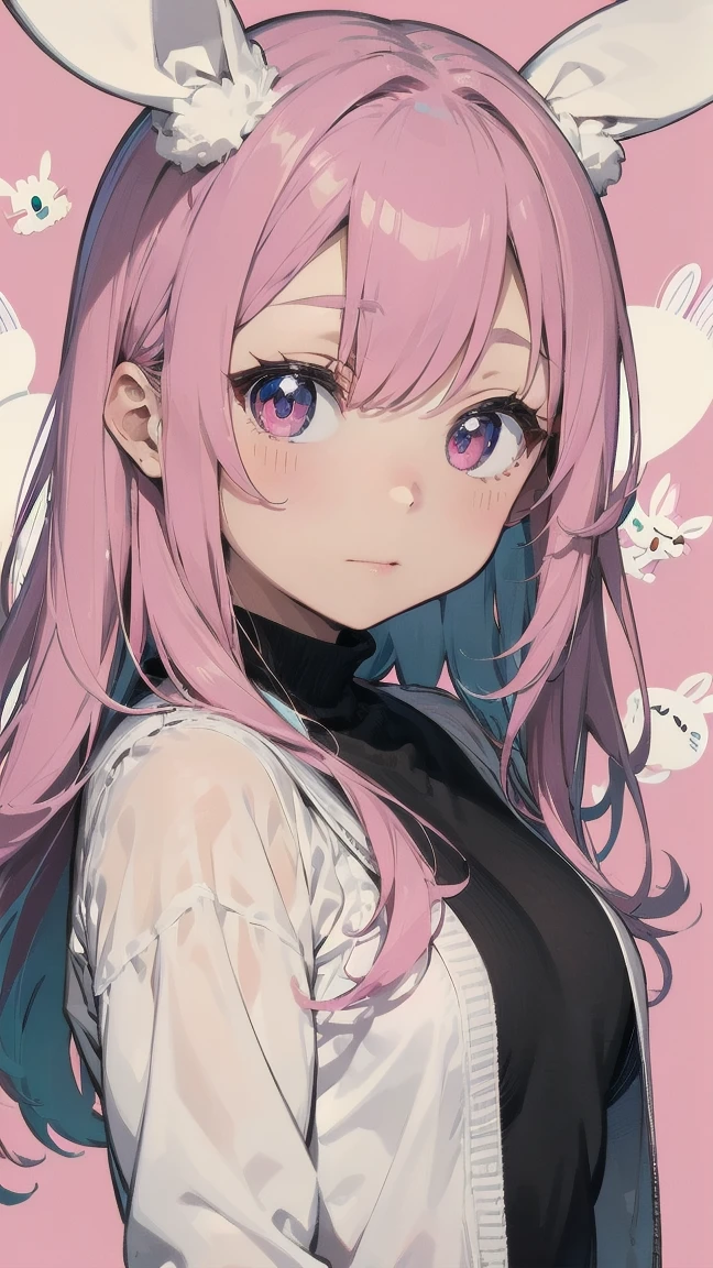Highest quality, cute, pastel colour, Fluffy white bunny ears, Pink Hair,Pink eyes,Background is solid color,pop、colorful,wallpaper style,Peering into the screen、Feeling like a peek