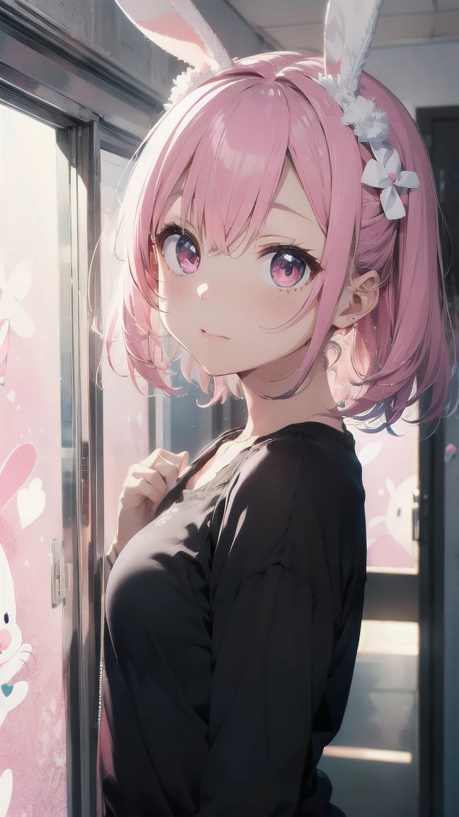 Highest quality, cute, pastel colour, Fluffy white bunny ears, Pink Hair,Pink eyes,Background is solid color,pop、colorful,wallpaper style,Peering into the screen、Feeling like a peek
