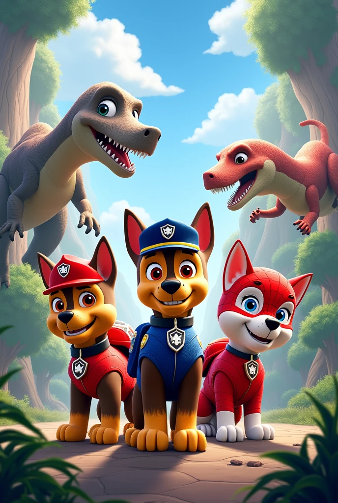 Spider-Man themed birthday invitation with the Paw Patrol dressed as Spider-Man and dinosaurs in the background