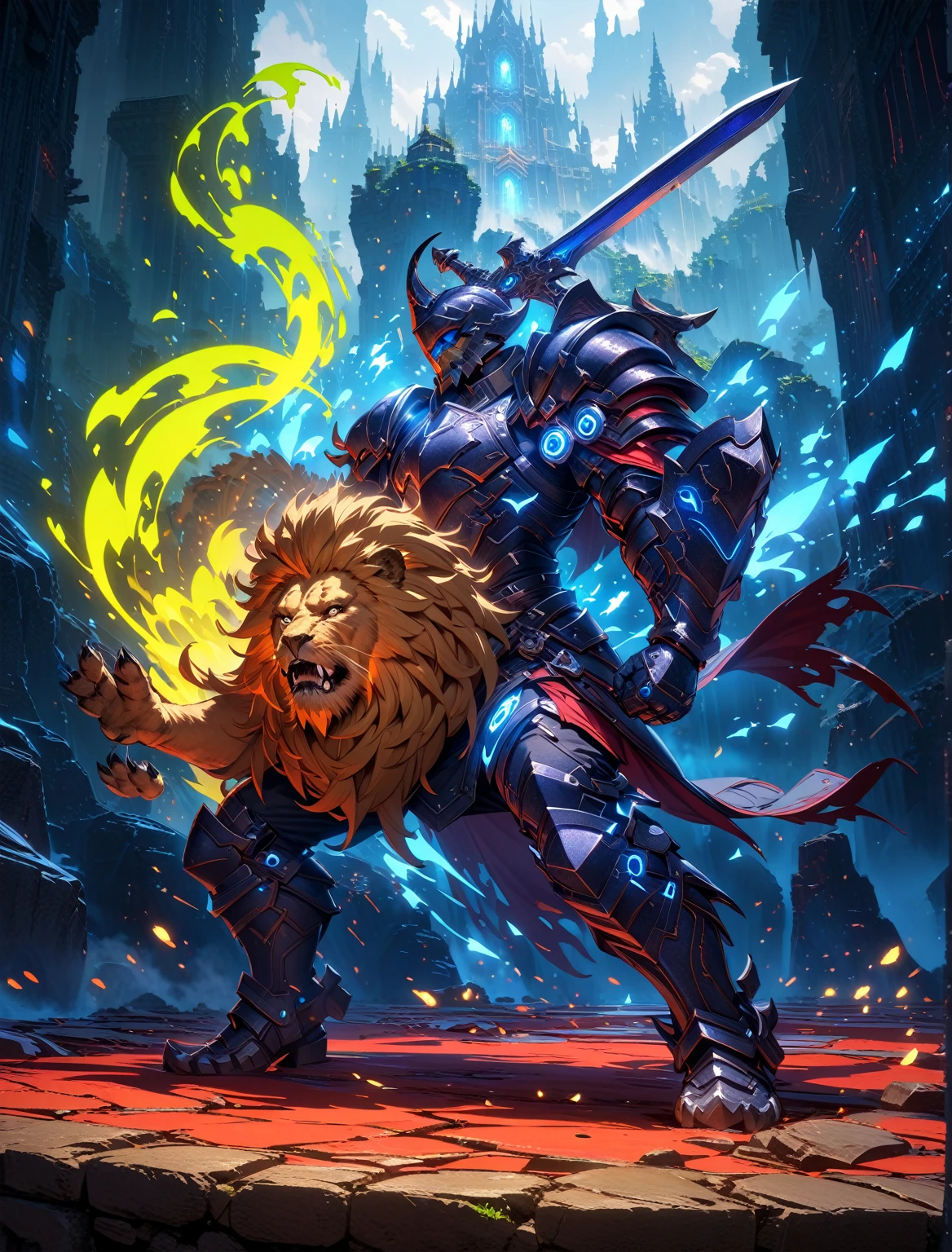 ((best quality)) , ((masterpiece)) , (detailed),There is a cartoon,The painting shows a lion holding a sword and shield, Aurelion Sol, in Hearthstone艺术 style, Hearthstone艺术, fantasy Hearthstone艺术 style, Hearthstone卡牌艺术, Official ink art, Hearthstone风格的艺术, Hearthstone艺术 style, Heroes of the Storm Splash Art, From《Hearthstone》, hearthstone Official ink art, Hearthstone溅射艺术, Hearthstone卡牌艺术work
