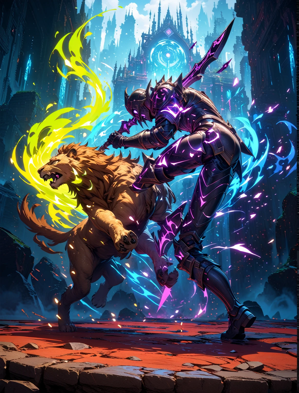 ((best quality)) , ((masterpiece)) , (detailed),There is a cartoon,The painting shows a lion holding a sword and shield, Aurelion Sol, in Hearthstone艺术 style, Hearthstone艺术, fantasy Hearthstone艺术 style, Hearthstone卡牌艺术, Official ink art, Hearthstone风格的艺术, Hearthstone艺术 style, Heroes of the Storm Splash Art, From《Hearthstone》, hearthstone Official ink art, Hearthstone溅射艺术, Hearthstone卡牌艺术work