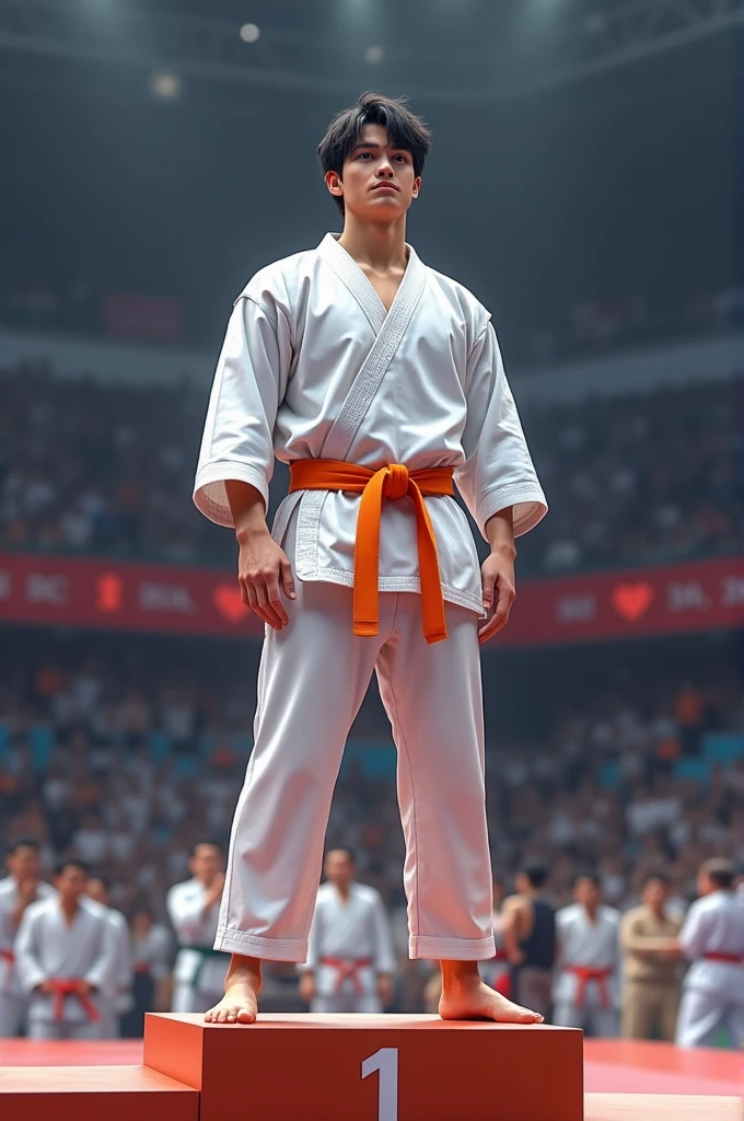 Young white man with slightly long black hair on the podium in first place in orange belt karate