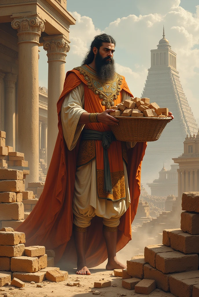 An ancient painting of a king holding a basket of bricks building his temple, giving the idea of a committed king