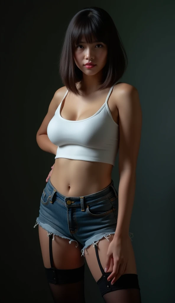 15yo girl, (bob Hairstyle). Wearing white crop top tanktop, cleavage, ((natural big breast, show big thigh, plump body)), ((wearing denim hot pants, bpack stocking, black garter)). Standing pose. Dark background. (Malaysia female).wide view