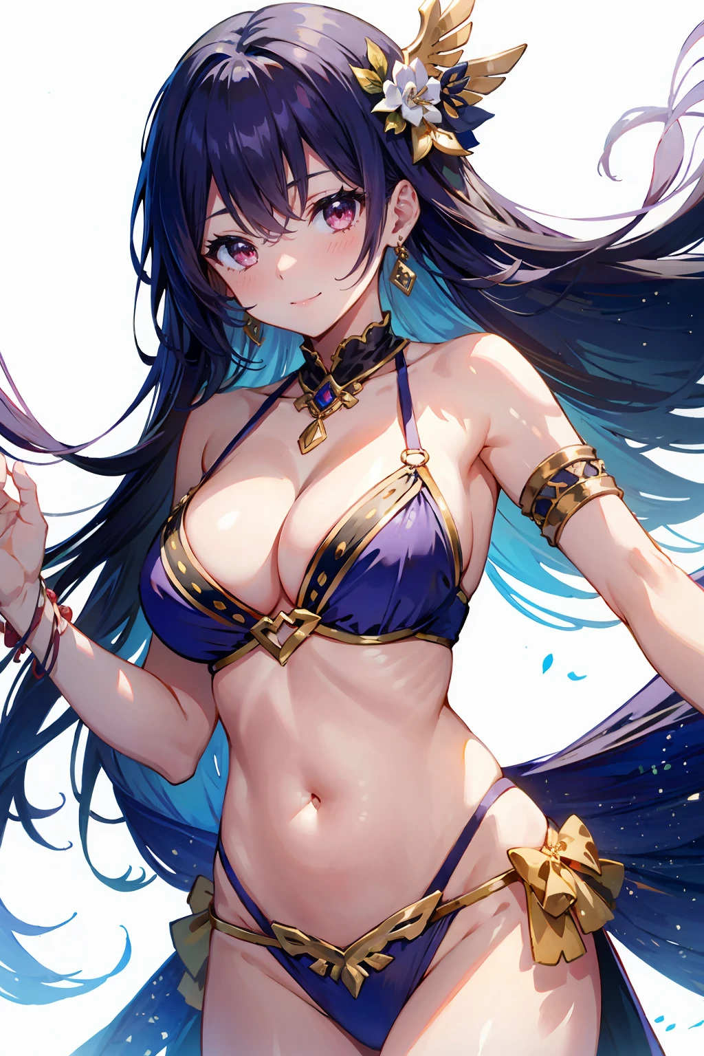 1girl, belly dancer, white background, red eyes, long hair, purple hair, harem outfit, bikini, pelvic curtain, purple costume, circlet, earrings, armlets, bracelets, bashful smile, dancing, large breasts, cleavage, soft stomach