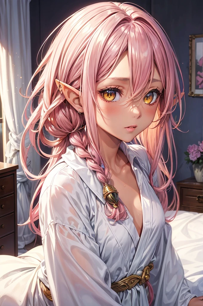 (beautiful elf style), (((tanned skin))) (pov, love style, solo:2, 1000 yo), (beautiful detailed dreadlocks:1.4) (beautiful pink hair long hair sexy elf woman) (beautiful sexy yellow eyes) ((soft smaile)) (glossy lip), (small tits), (in a detailed night robe, small tits), break, in the simple bedroom, background best morning sky, BREAK, 16k, masterpiece, best quality, immensely detailed beautiful morning.