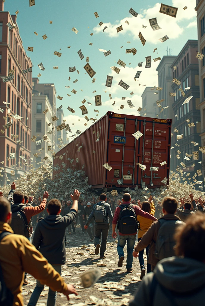 A container truck carrying a truckload of dollars spilled out.