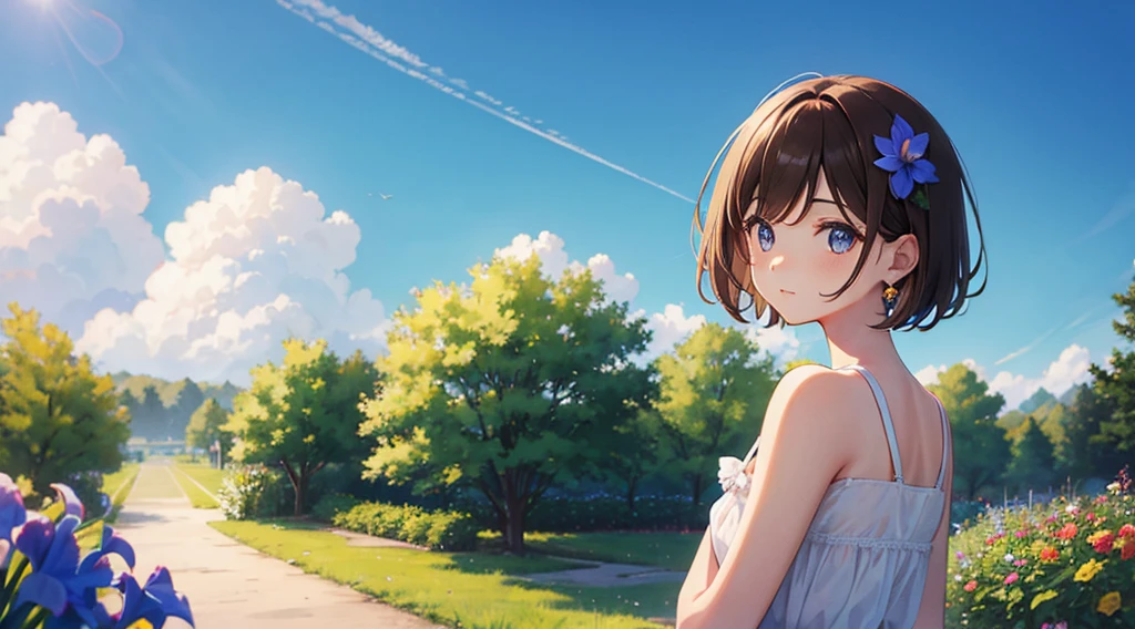 (One person, Brown Hair, short hair, Iris, White ????????, cute, cute), (Summer sky, stream, Shimizu, garden)