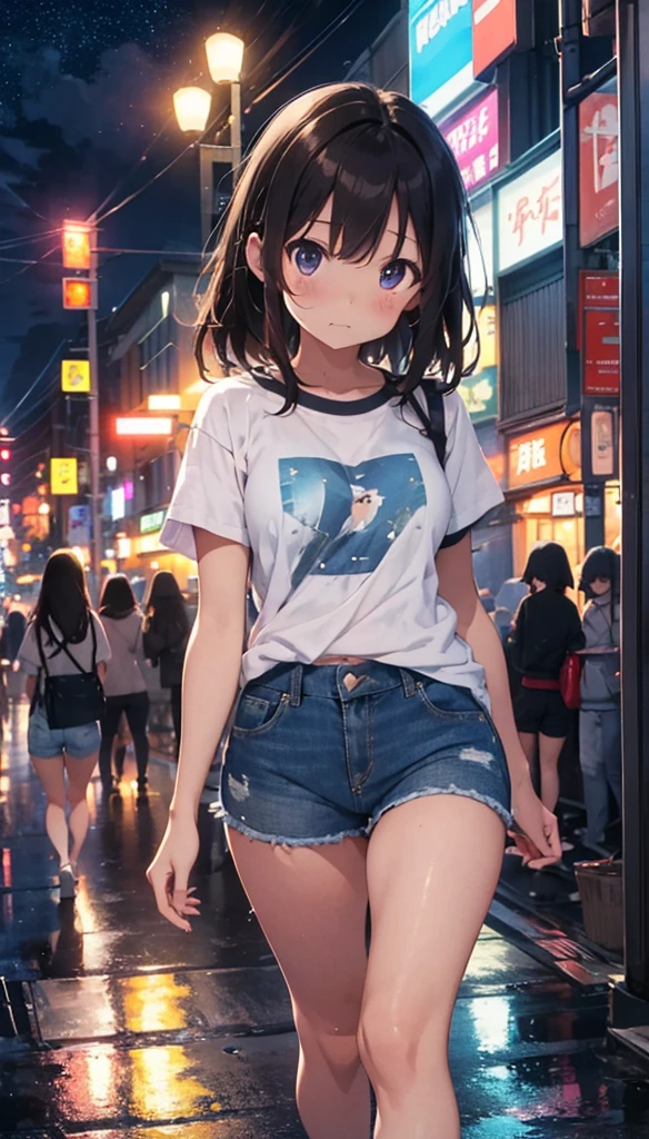 Beautiful girl walking down the street on a rainy night in a crowded big city、Brown Hair、Denim shorts、T-Shirts、Sad face、Warm lighting Starry Sky Japanese anime style I can see the neon lights of the city An angle that captures the whole body Visible from head to toe