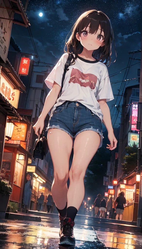 Beautiful girl walking down the street on a rainy night in a crowded big city、Brown Hair、Denim shorts、T-Shirts、Sad face、Warm lighting Starry Sky Japanese anime style I can see the neon lights of the city An angle that captures the whole body Visible from head to toe