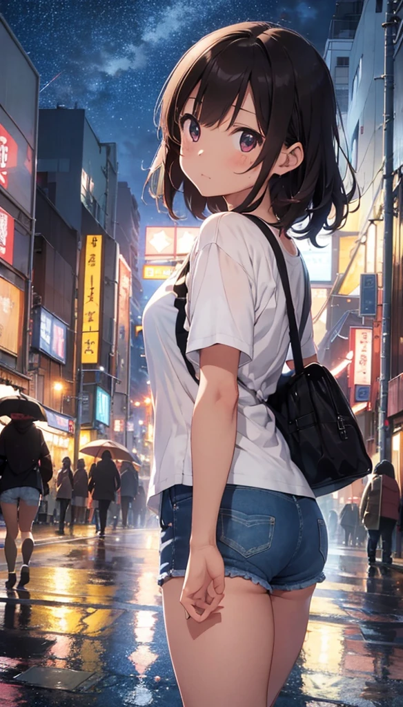 Beautiful girl walking down the street on a rainy night in a crowded big city、Brown Hair、Denim shorts、T-Shirts、Sad face、Warm lighting Starry Sky Japanese anime style I can see the neon lights of the city An angle that captures the whole body Visible from head to toe