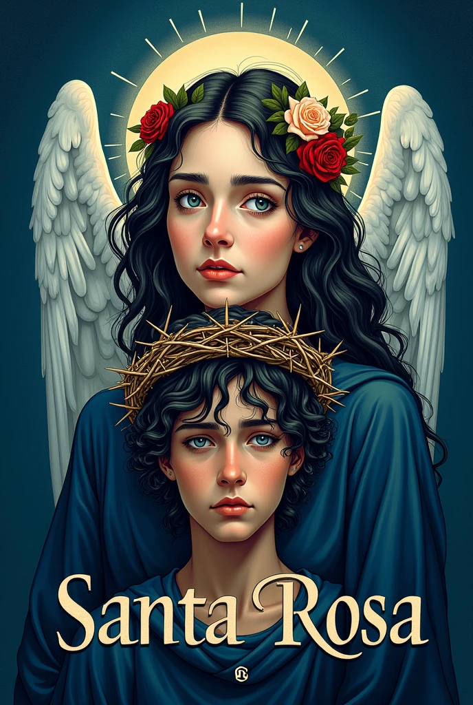 Create a logo for Santa Rosa, drawing of a woman with an angelic face, Young man with tired eyes wearing a dark blue Santa's robe and a crown of thorns and roses on his head on a blue background with the phrase "76 years old" in Spanish in giant size in front of the drawing of the woman.