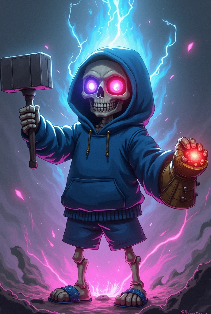 Sans from undertale, in its original skeleton form, is empowered by a host of abilities and powers from multiple universes:
eyes: His left eye glows with an intense purple light., representing the Rinnegan and the Tenseigan, while his right eye glows red, simbolizando el Mangekyō Sharingan y los Seis eyes de Gojo.
Aura: It is surrounded by a multi-colored aura, ethereal and powerful, representing the chakra cloaks of the nine Bijuu and the Ten Tails.
hands: He carries the Infinity Gauntlet in one hand, resplendent with the power of the Infinity Gems, while in the other hand he holds Mjolnir, Thor's hammer, radiating electrical energy.
stands: A su alrededor flotan imágenes fantasmales de stands Requiem como The World Over Heaven y Star Platinum Over Heaven, reflecting their control over alternate dimensions and realities.
around: The space around it shows slight distortions, as if reality itself were being shaped by their presence, with swirling colors and fractures in space.
Despite these powerful additions, Sans maintains his classic look with a blue hoodie, shorts and slippers, but emanates an aura of absolute dominance and omnipotent power.