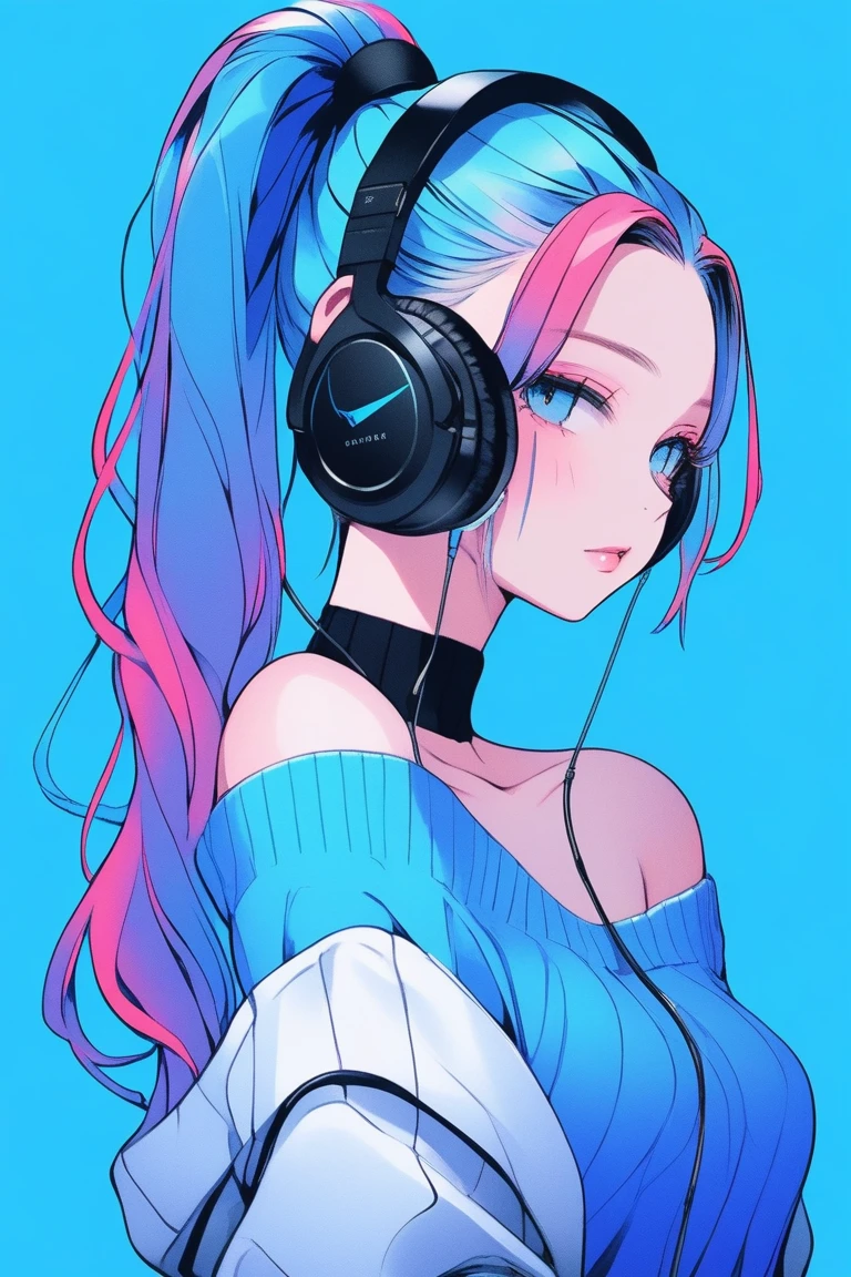 Illustrator, anime , Realistic ,sketch , 1 person, ,lip, Off-the-shoulder sweater, whole body, order, Blue gradient background, Neon long ponytail hair,(((Headphones around the neck))), Texture Trim, Canadian, (masterpiece,Highest quality)