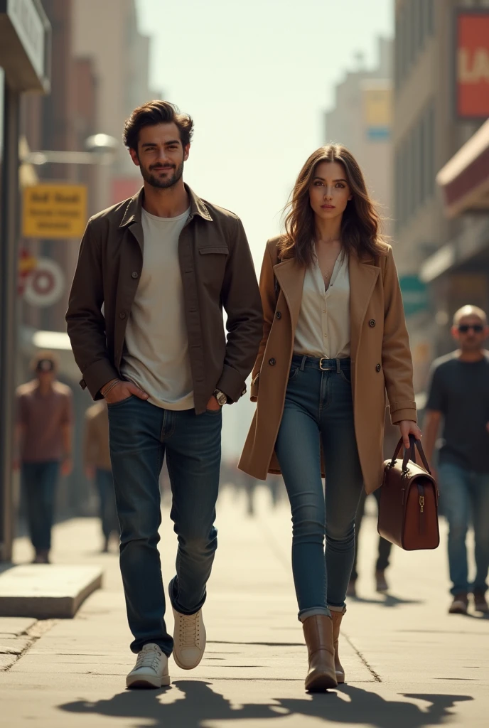 naughty man, walking with woman, standing backwards, on the sidewalk, realisitic