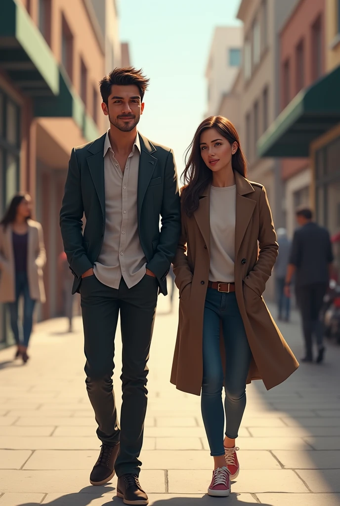 naughty man, walking with woman, standing backwards, on the sidewalk, realisitic