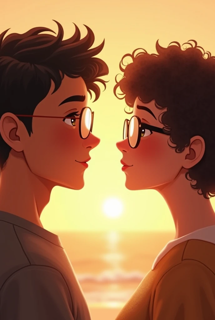 A couple looking at each other face to face with love in the foreground The boy is white, cute The girl has short curly hair, high with glasses The background has a lot of light Something realistic