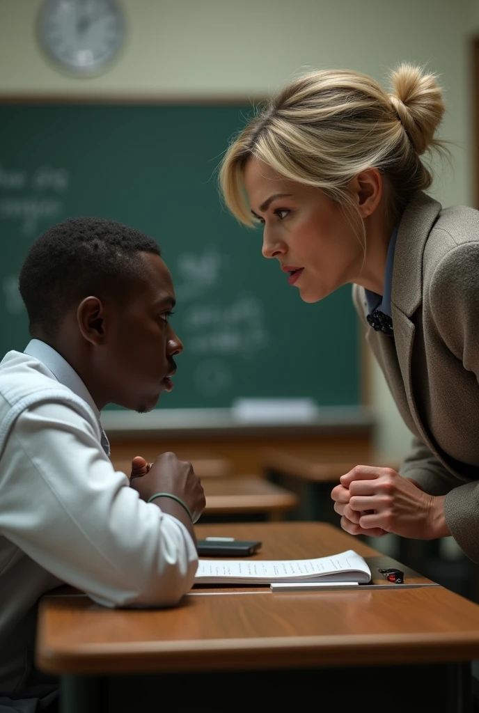 White female teacher fighting with black male student. The student is a black and is sitting in his seat, while she fights with him.
