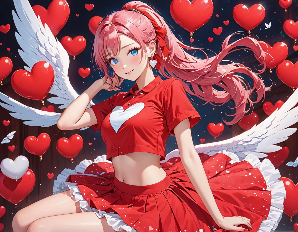 in red dress with heart shaped wings sticking out of her skirt, single girl, alone, one eye closed, jewelry, hair band, ponytail, pink hair, heart, looking at viewer, blue eyes, long hair, earrings, short shirt, belly, red shirt