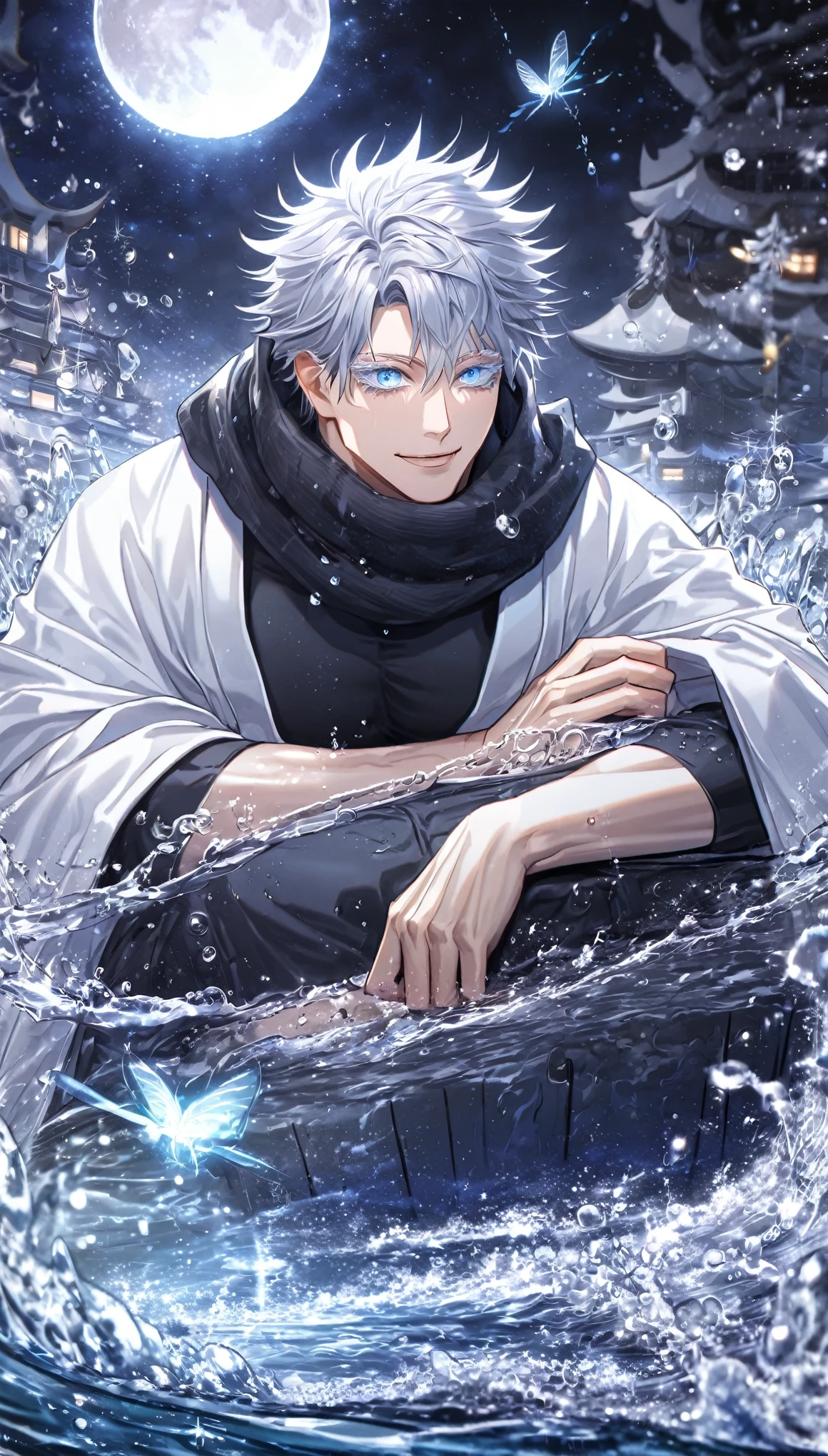 Absurd, High resolution, Super detailed, High resolution, masterpiece, Highest quality, Very detailed, Gojo Satoru, Gray Hair, Expressive blue eyes, White eyelashes, Colored eyelashes, JUJUTSU KAİSEN, alone, Muscular, Sexy man, manly, good looking, smile, white haori, Black scarf, Black tight t-shirt, Sitting, Fantasy, water, Sparkling, Silver Moon, fire Fly, silver Sparkling lights, Starry Sky