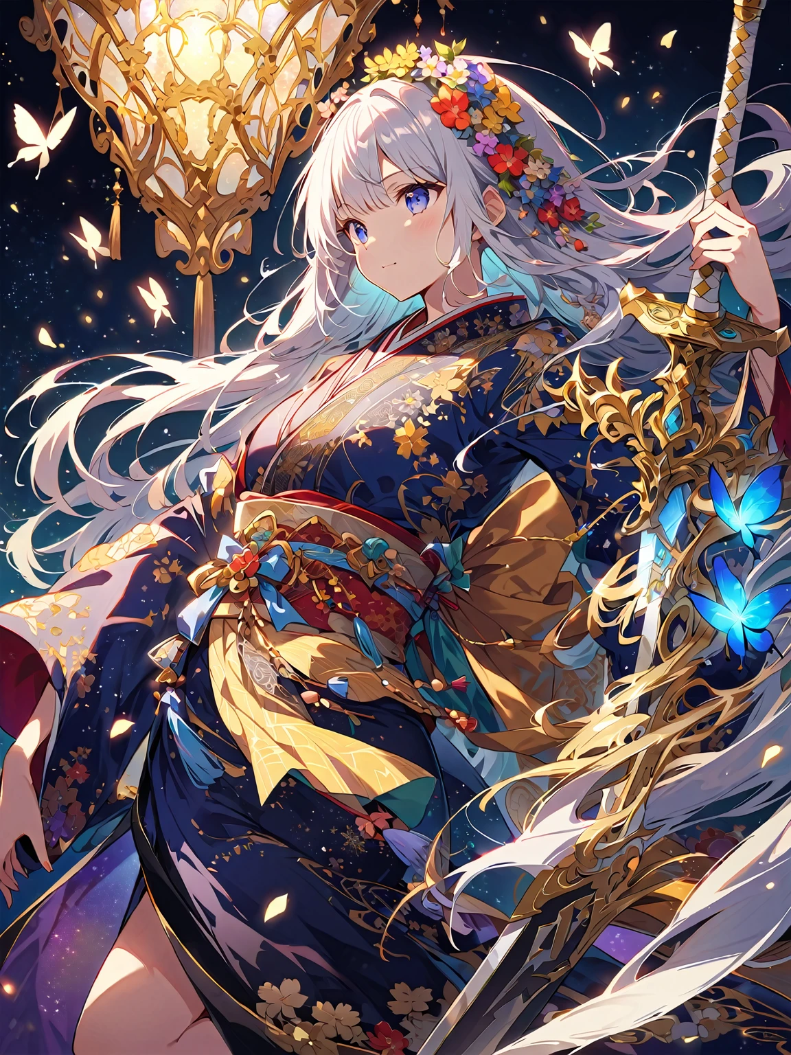 Beautiful girl in a fantastic night view、Anime-style illustrations。Long silvery white hair、Smooth as silk and reflecting light、Fluttering gracefully in the wind。大きなredい瞳、Filled with deep emotion、Shine mystically。Dark blue kimono、Flower and butterfly patterns delicately embroidered with gold thread、Intricate floral decoration on sleeves and hem。A gorgeous flower crown on the head、red、green、purple、pinkの花々The layers are、Wisteria flowers hang gracefully down。Holding a sword with both hands、刀の柄は金とredの装飾、The sheath has a delicate golden cherry blossom pattern。My skin is illuminated by the moonlight、Smooth and soft shine like white porcelain。A dignified expression、His eyes show deep thought and a little sadness。Lean your body slightly to the left、Sword posture in front of right hand、The folds of the kimono beautifully overlap。Hair swaying in the wind、The sleeves of the kimono flutter like butterflies。Moonlight and magical light particles softly illuminate your skin、Gives hair a silvery shine。Reflection of light in the eyes、Expressing vitality and mystery。The delicate stitching of the collar and cuffs of Japanese clothing、The gold thread embroidery catches the light and sparkles.。corolla flower々Vivid texture、Expressing the delicacy and three-dimensionality of the petals。Intricate decoration of the sword's tsuba and handle、金属の冷たい質感and lightの反射。Delicate depiction of fingertips、Strength and grace in the hands that hold the sword。Mysterious and magical atmosphere、Expressions that wander the boundary between reality and dreams。Strength and fragility、A complex allure where beauty and danger coexist。A unique worldview that combines Japanese traditions with magical elements。Against the background of the night sky、A large full moon or halo surrounds the girl。Wisteria flowers hang down profusely、purpleとpinkのグラデーションで幻想的な雰囲気を醸成。Cherry blossom petals flutter in the wind、Expressing delicate movement and a sense of the seasons。Specular reflection on the water surface、Moonlight and flowers々The light of、Creating a fantastical other world。ハイクオリティなAnime-style illustrations、Carefully depicted in detail with delicate lines and rich colors。Fantastic and mysterious atmosphere、Expressing a dreamlike worldview that is far removed from reality。purple、green、pink、Focus on gold tones、深いgreenと明るい光のコントラストが印象的。Strong contrast of light and shadow、Expressing the expanse of space with a sense of depth and 3D effect。Particles of light fly through the air、Stardust-like sparkle creates a magical atmosphere。Petals and light particles dance on the wind、Add movement and life to the entire screen。Magical halo around the character、A mysterious aura。Reflection of light on the water surface、The shimmering water blurs the boundary between reality and fantasy。Position the character slightly left of the center of the screen、3/Four angles emphasize three-dimensionality and depth。Large circular light source in the background、The characters are arranged to envelop them.々Produce a sense of beauty。Vertical composition、Flowers on top々and light、The reflection of the water at the bottom expresses the connection between heaven and earth.。A multi-layered background that gives a sense of depth、Detailed depiction from the foreground to the background、Creating a fantastic space。