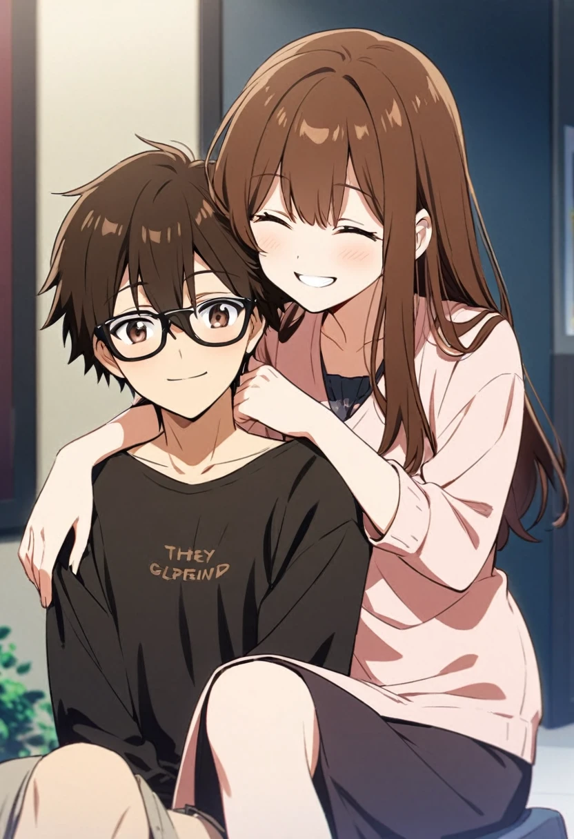 anime, two people, one beautiful female with long brown hair and no glasses, the other person is a male with short dark brown hair and black rimmed glasses, they are boyfriend and girlfriend, both smiling 