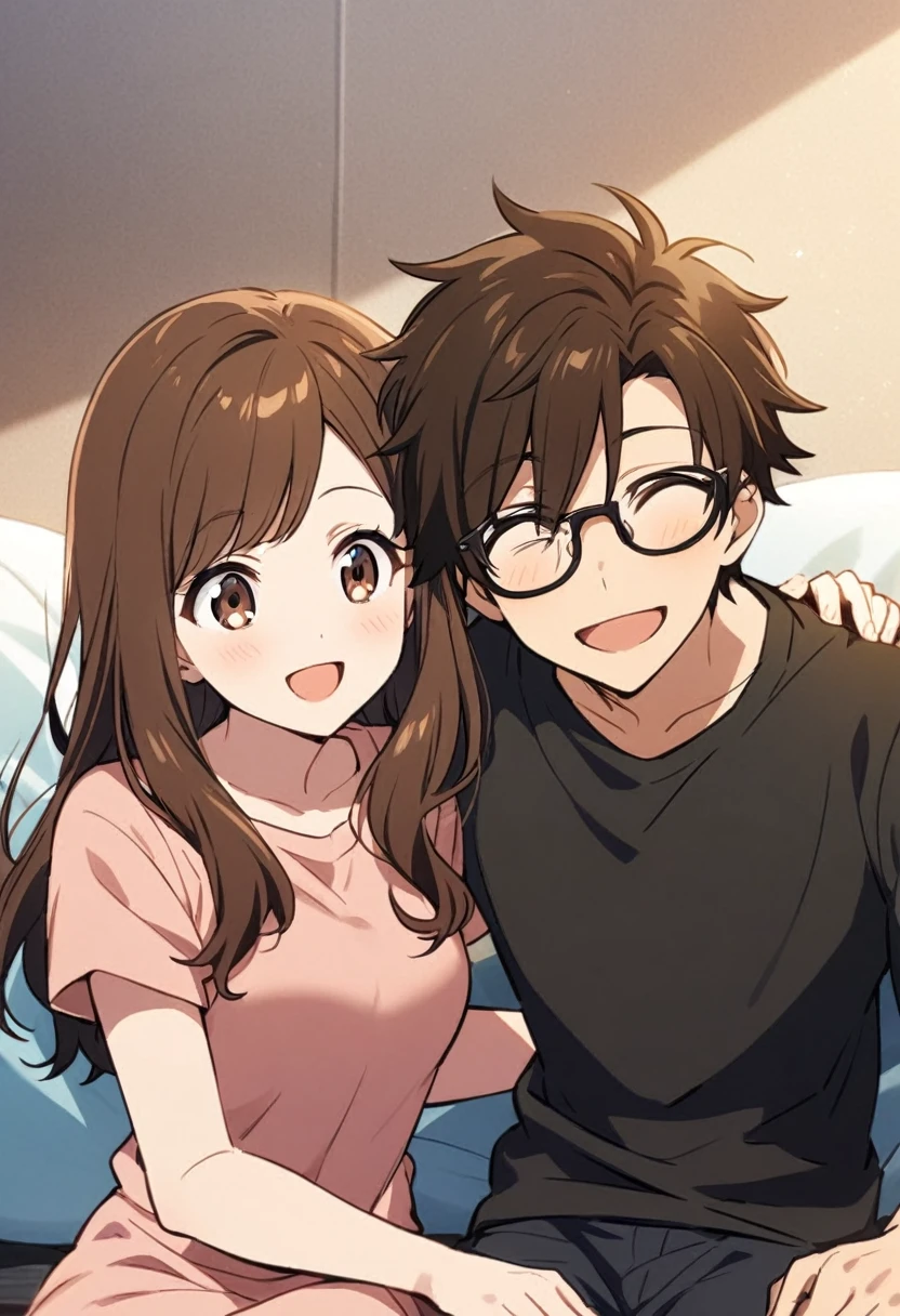 anime, two people, one beautiful female with long brown hair and no glasses, the other person is a male with short dark brown hair and black rimmed glasses, they are boyfriend and girlfriend, both smiling